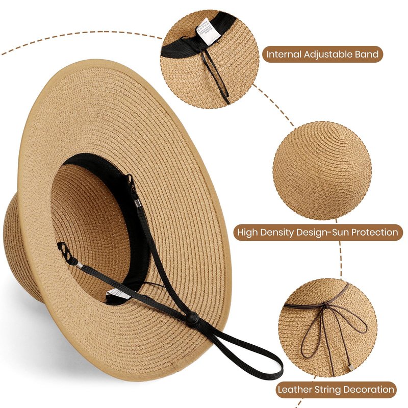 Sun Hats for Women, Straw Hats UPF 50+ UV Sun Protection, Wide Brim Packable Foldable Bowknot Womens Beach Hat for Summer Travel Khaki
