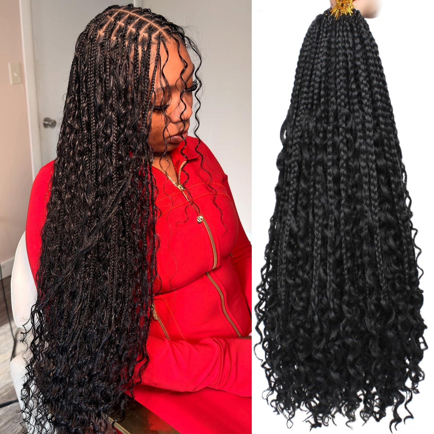 COOKOO 22 Inch Goddess Box Braids Crochet Hair for Women 8 Packs Synthetic Hippie Pre Looped Bohemian Boho Box Braids With Curly Ends Twist Braiding Hair 53#
