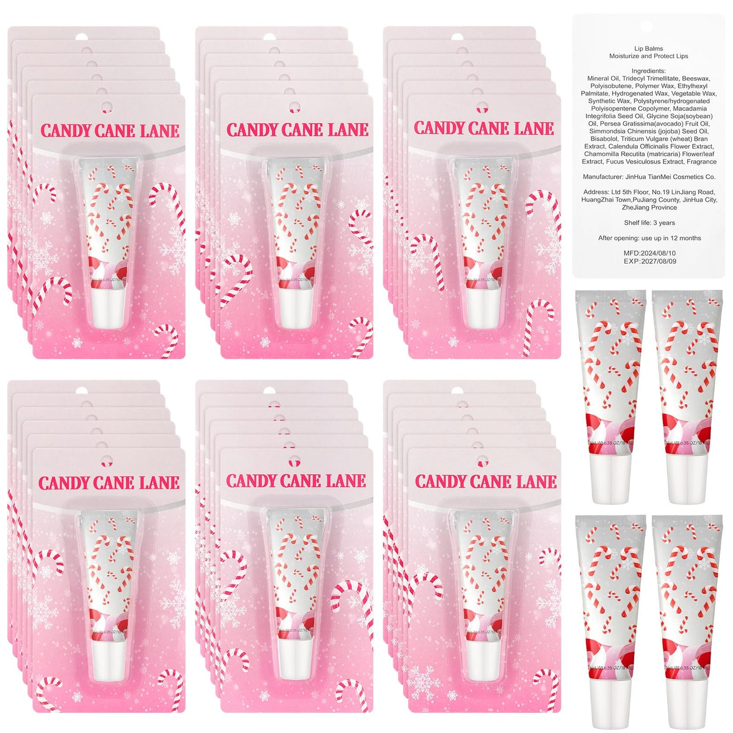 Linyuthia 24 Pcs Cane Themed Lip Balms Christmas Lip Balms Bulk Lip Gloss Mint Candy Flavored 6 Styles Holiday Party Treat Goodie Bags Cute Stocking Stuffers Christmas Gifts for Girls Women Friend