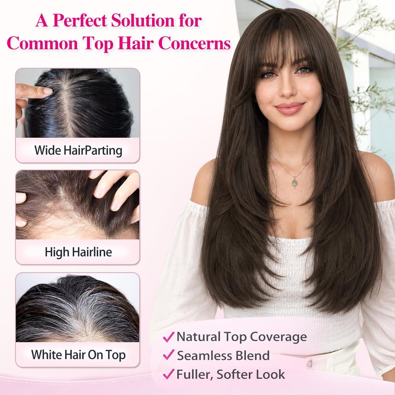 ALXNAN Hair Toppers For Women with Thinning 3D 360°Cover,26Inch Mocha Brown Long Straight Layered Clip In Synthetic hair topper with Bangs