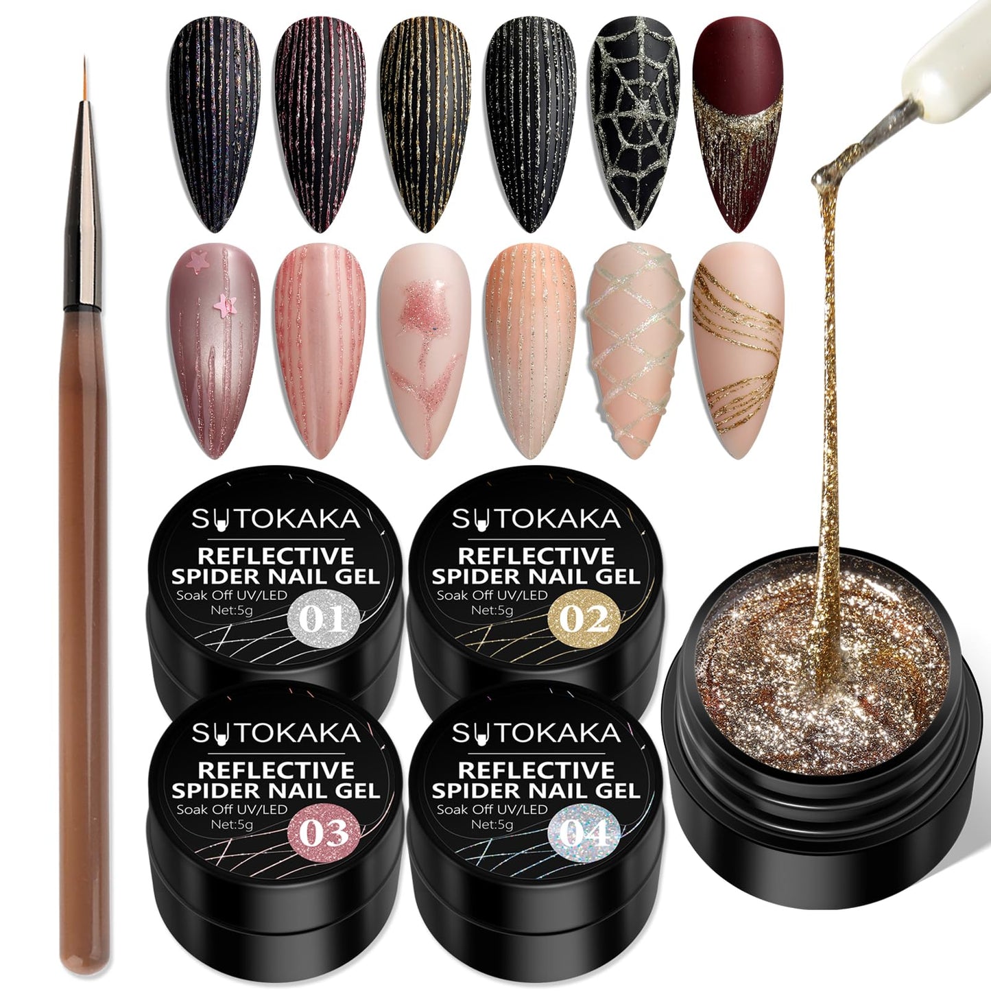 SUTOKAKA Reflective Glitter Spider Gel, 4 Colors Sparkle Diamond Sliver Gold Pink Elastic Spider Gel Polish, Nail Designs Paint Wire Drawing Gels Polish for Line DIY Manicure Home or Salon Use