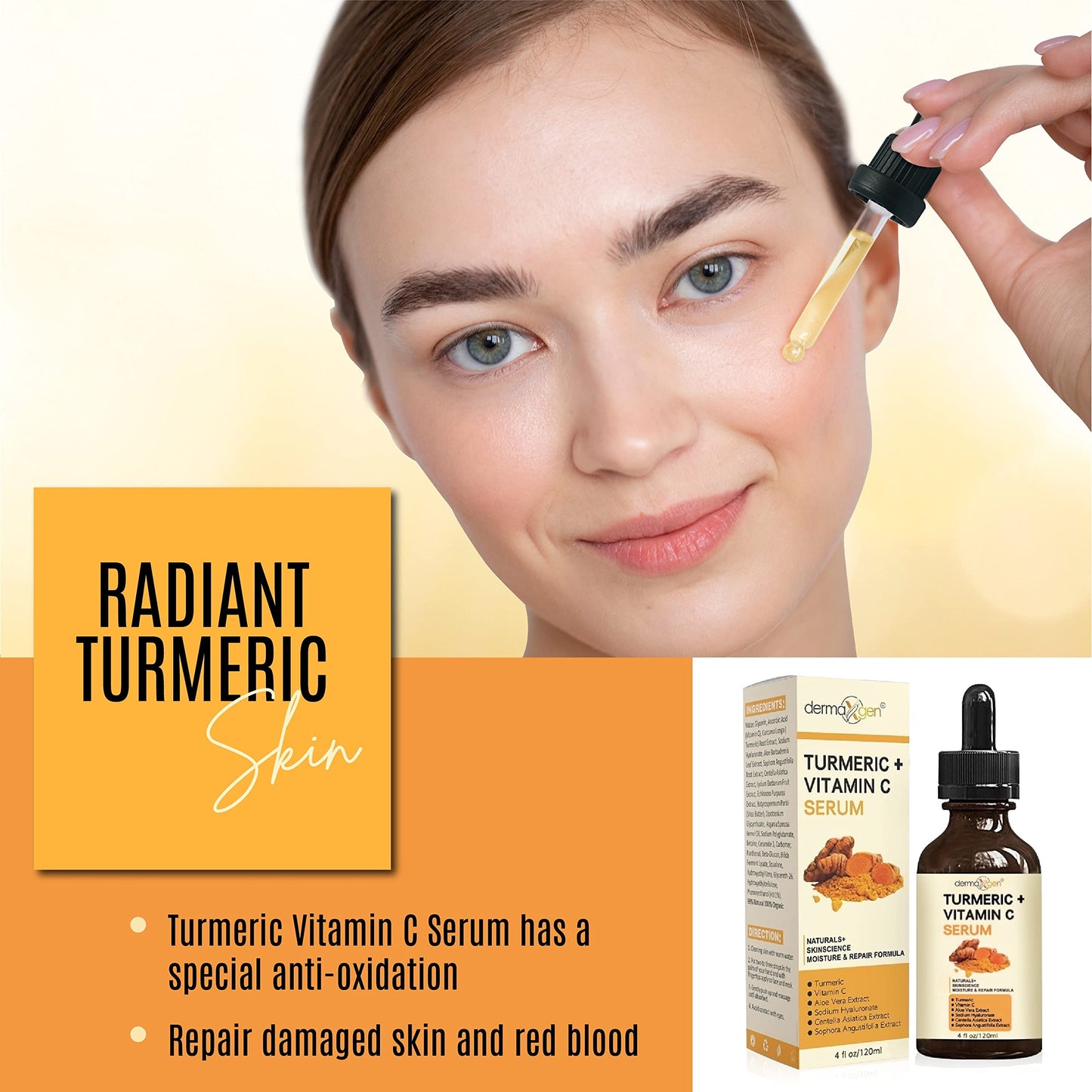 Turmeric Serum for Face + Glow-Boosting Vitamin C Serum –Organic Moisturizer for Acne, Dark Spots & Clear Skin– Boosts Hydration for Dry & Tired Skin – Anti-Aging Formula for Glowing Skin, 4 FL OZ