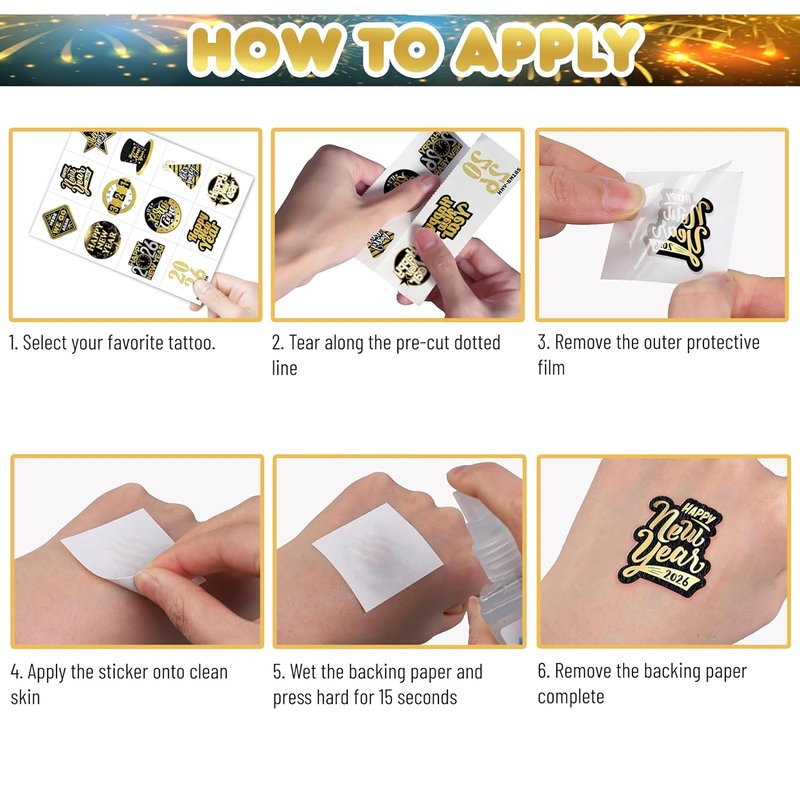 New Year 2026 Temporary Tattoos - 96PCS Gold Party Favors, Countdown Celebration Supplies | Holiday Accessories for Kids & Adults