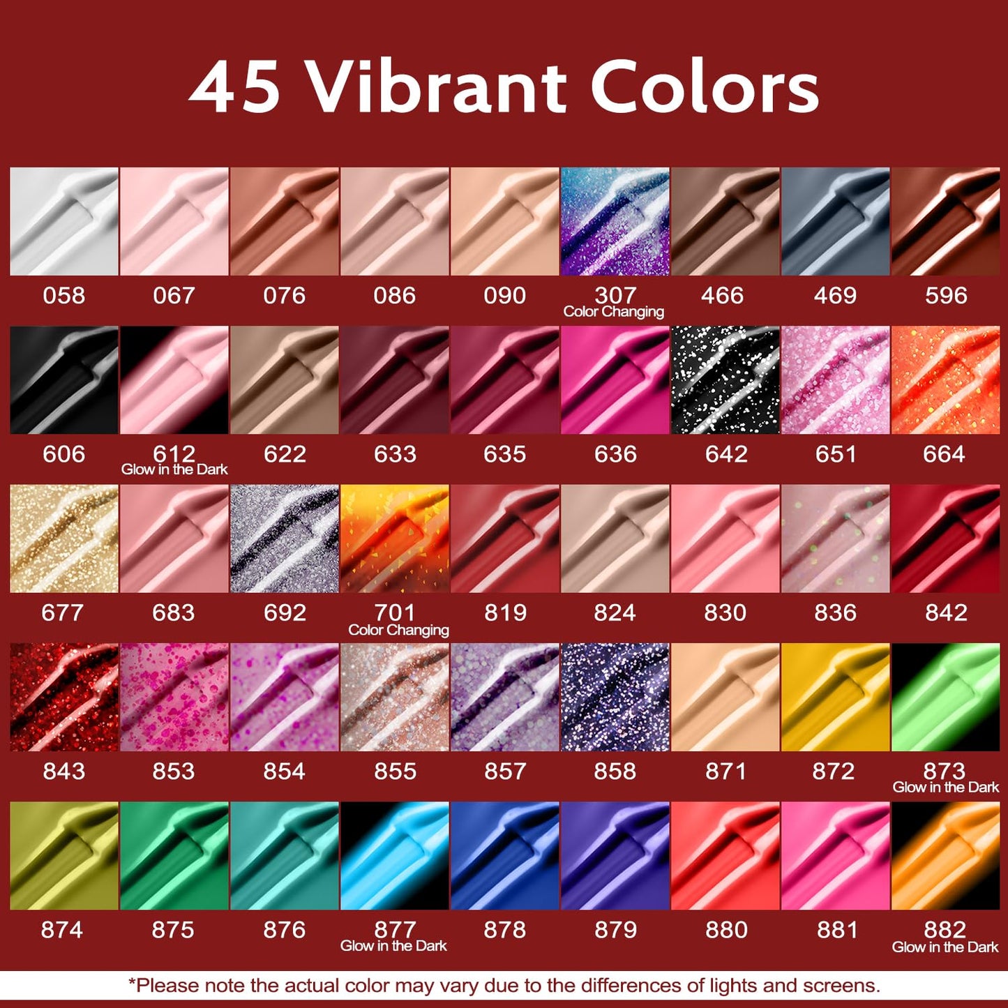 Lavender Violets 49pcs Gel Nail Polish Set 45 Colors Neon Glow in the Dark Effect with Nail Primer Builder Base Coat Glossy & Matte Top Coat Jelly Shades for Gift Set Nail Art Design A950