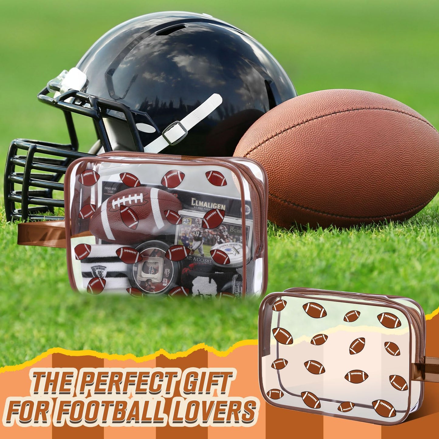 SilTriangle 24 Pcs Football Clear Makeup Bag with Zipper Bulk Sport Goodie Clear PVC Pouch Organizer Waterproof Travel Case for Woman Team Gifts Birthday Decorations Supplies