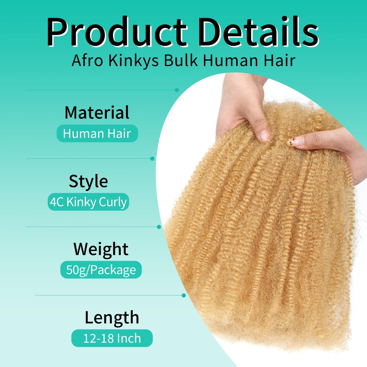 Afro Kinkys Bulk Human Hair for Dreadlocks Extensions Repair Lose,Twists,Braids 1B 4C Afro Kinky Curly Human Hair No Short Hair 50g/Pack 1B 18 Inch