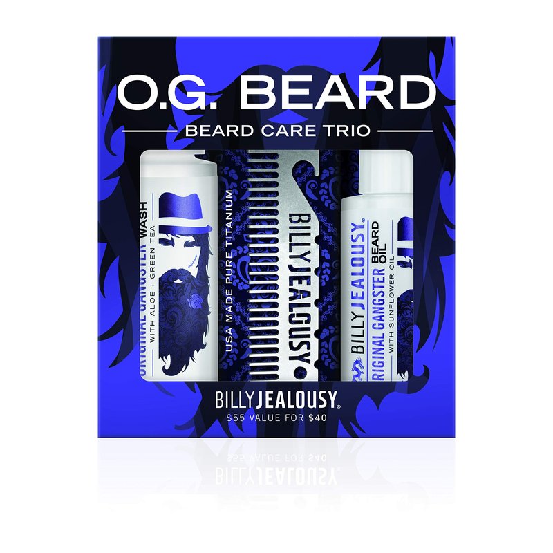 Billy Jealousy Original Gangster Beard Kit with Trave Size Beard Wash, Oil and Titanium Keychain Comb to Cleanse, Stengthen & Soften Facial Hair, Oud Wood Scent