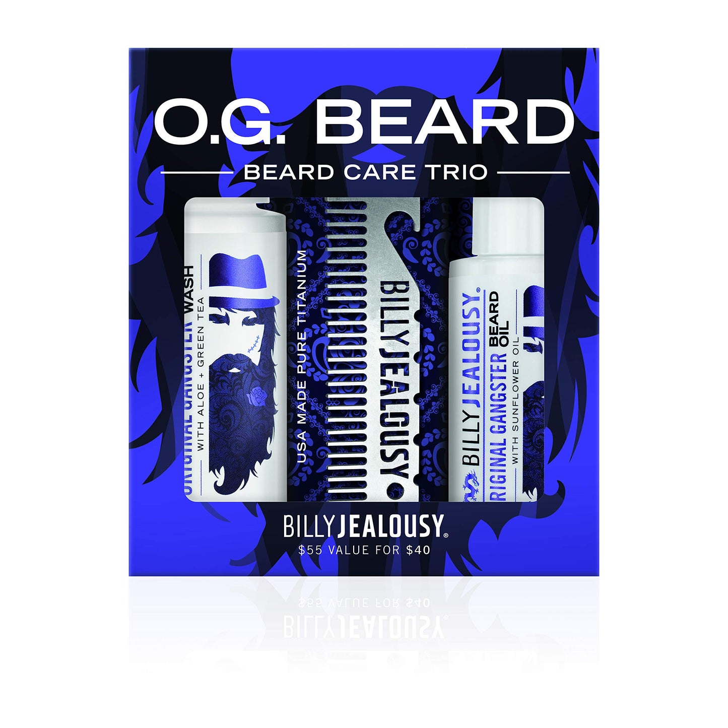 Billy Jealousy Original Gangster Beard Kit with Trave Size Beard Wash, Oil and Titanium Keychain Comb to Cleanse, Stengthen & Soften Facial Hair, Oud Wood Scent