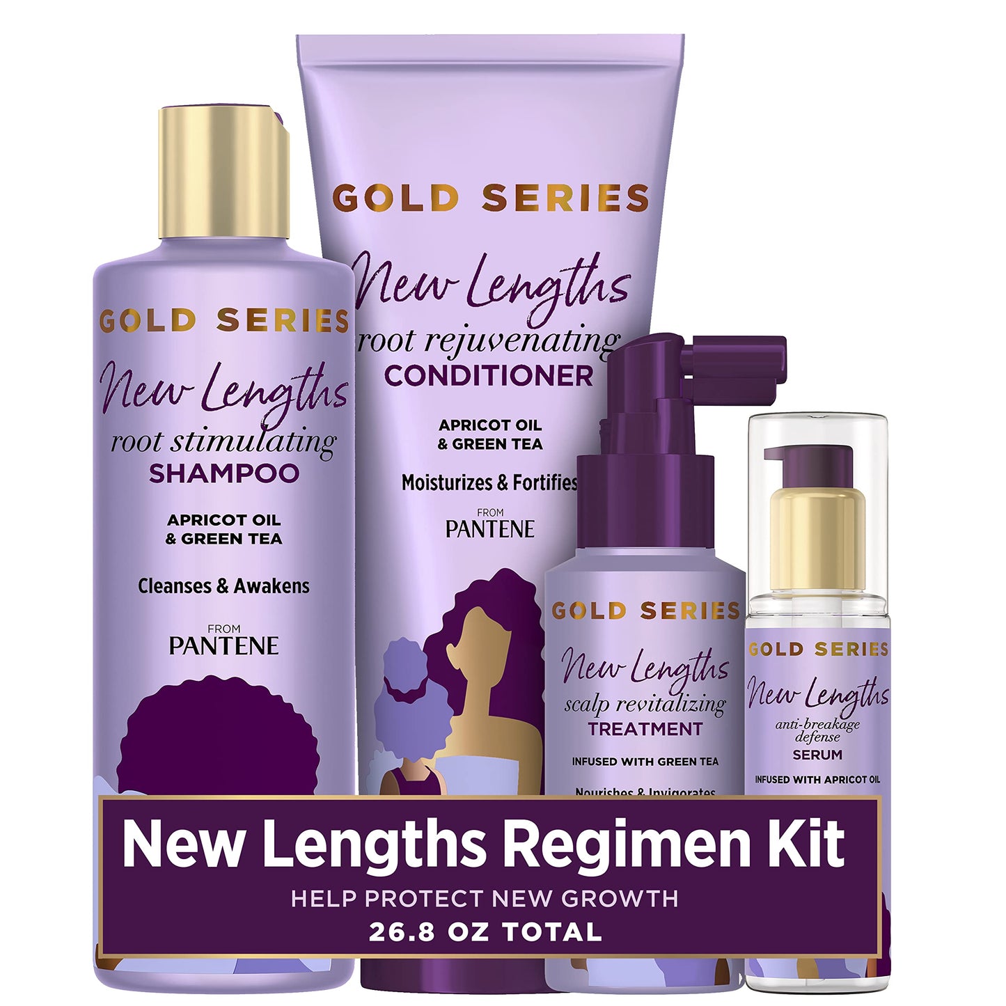 Pantene New Lengths Bundle with Root Stimulating Shampoo, Rejuvenating Conditioner, Scalp Revitalizing Treatment and Anti-Breakage Serum, made with Apricot Oil and Green Tea, for Natural and CurlyHair