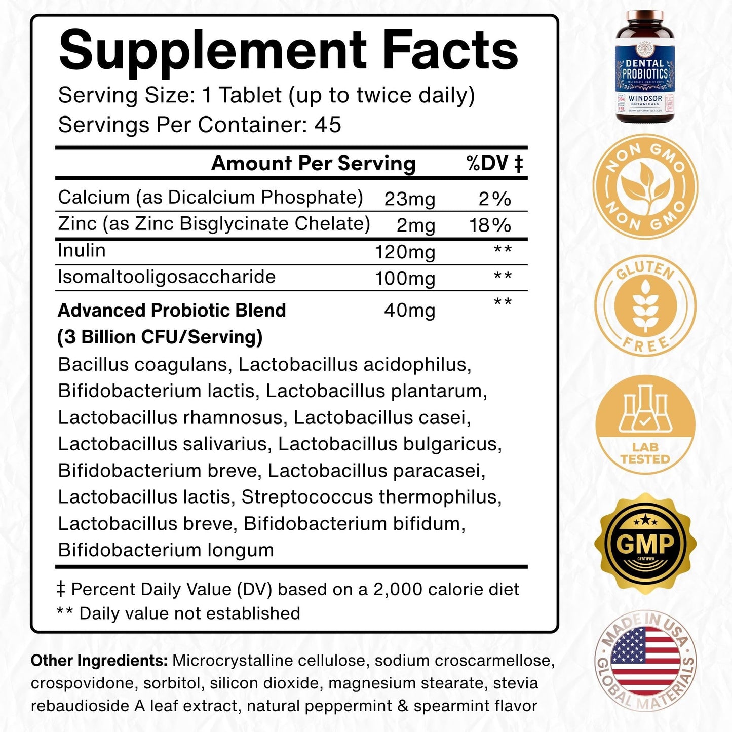 Oral Probiotics for Teeth and Gums - 3BN CFU Lactobacillus Salivarius Acidophilus Rhamnosus Streptococcus - Bad Breath Treatment for Adults - 45 Chewable Mint Dental Probiotic Tablets for Women & Men