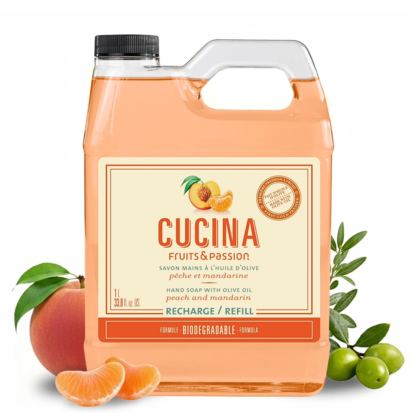 Cucina Fruits & Passion Hand Soap Refill, Peach & Mandarin, 1 L (33.8 fl oz), Liquid Hand Soap with Moisturizing Olive Oil, Biodegradable, Vegan Formula, Kitchen & Bathroom
