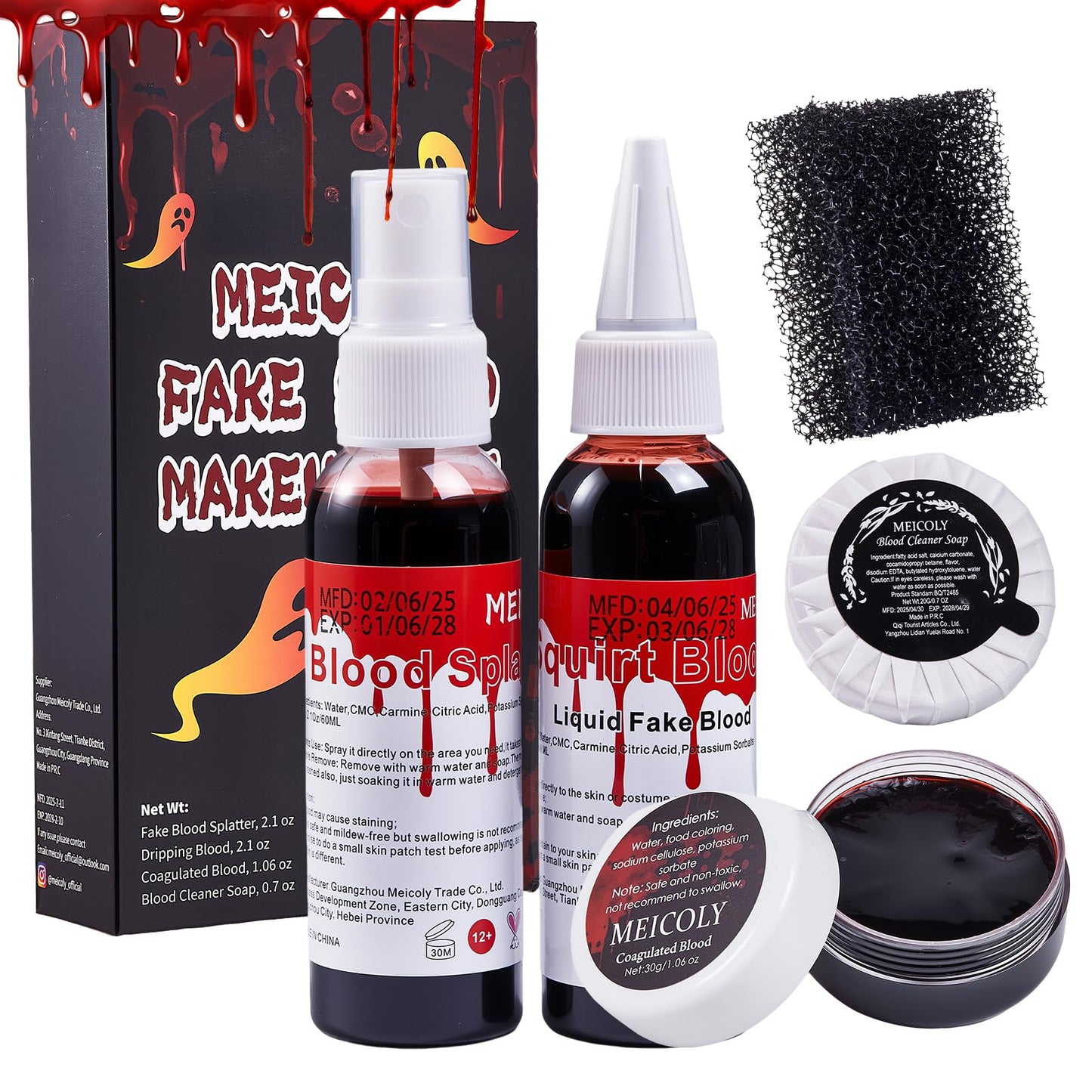 MEICOLY 5PCS Halloween Fake Blood Makeup Kit,Special Effects SFX Makeup for Zombie Vampire Monster Cosplay,2.1oz Fake Blood Spray+2.1oz Dripping Blood+Coagulated Blood+Cleansing Soap+Stipple Sponge