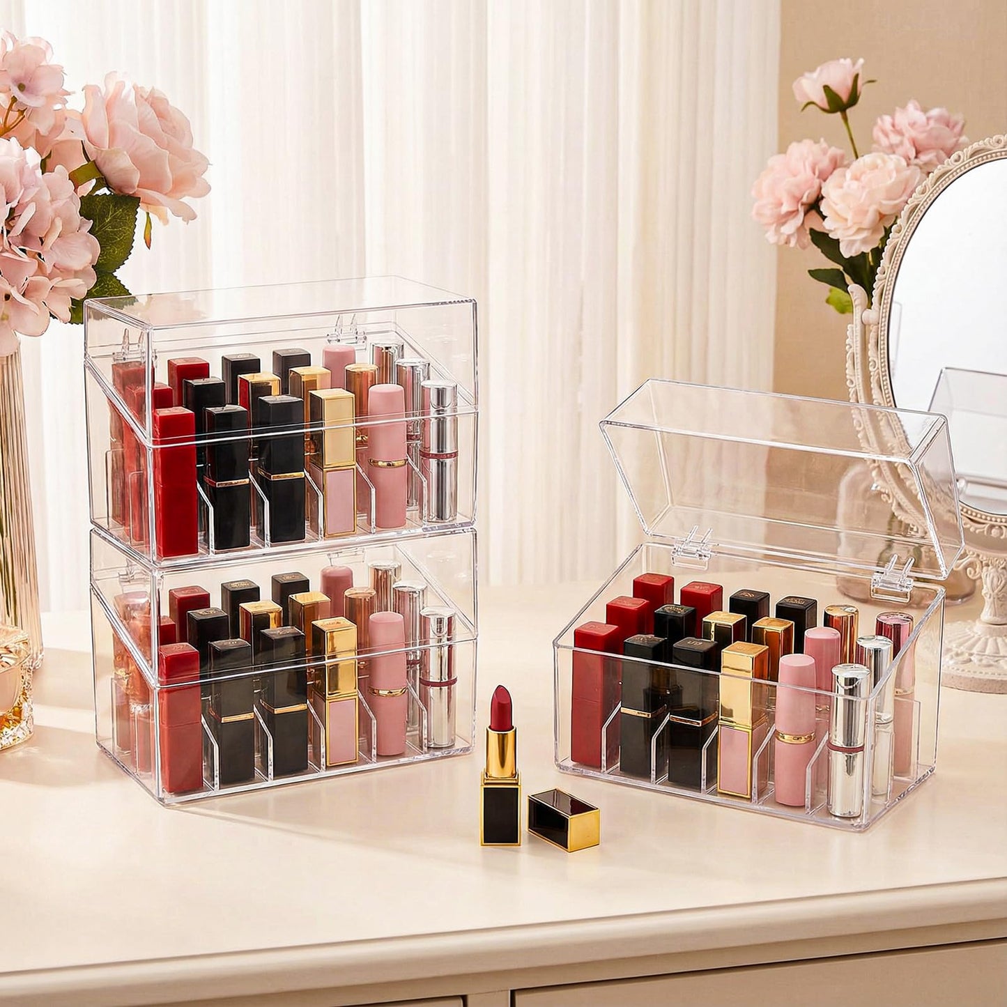 Foraineam 3 Pack Lipstick Holder Organizer with Lid, 18 Spaces Clear Acrylic Lipstick Display Stand Container, Dust-proof Beauty Makeup Storage Case for Cosmetic Dresser Vanity Cabinet Display
