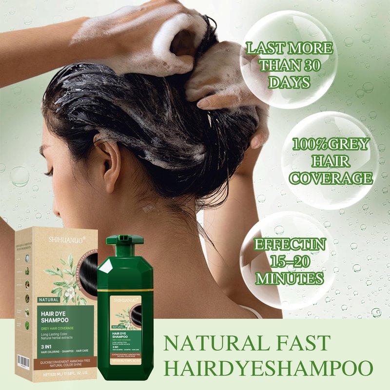 SHIHUANUO Black Hair Dye Shampoo 3 in 1 for Gray Hair Coverage, Herbal Ingredients Natural Shampoo Black Hair Dye for Women & Men/Ammonia-Free 520ml