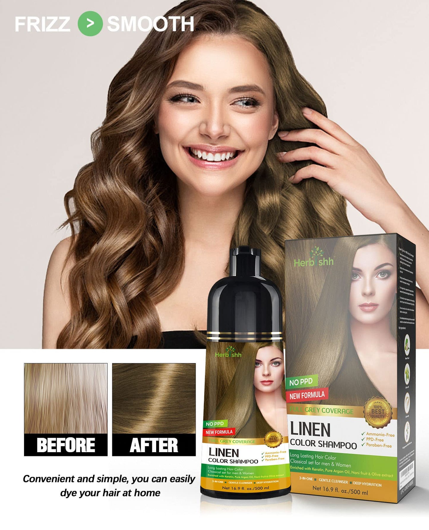 Herbishh Hair Color Shampoo for Gray 500 ML Linen + Vitalizer Serum, Hair Strengthener, Thinning, Promotes Thicker, Stronger Hair