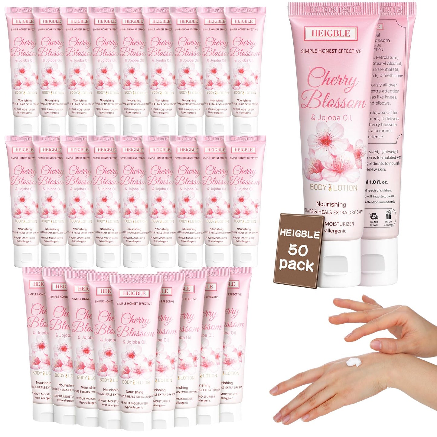 Heigble 50 Pack Travel Size Body Lotion 1 oz Body Lotion Dry Skin Moisturizer with Flip Cap for Extra Dry Skin, Hotels, Airlines, Offices, Gyms(Cherry Blossom and Jojoba Oil)