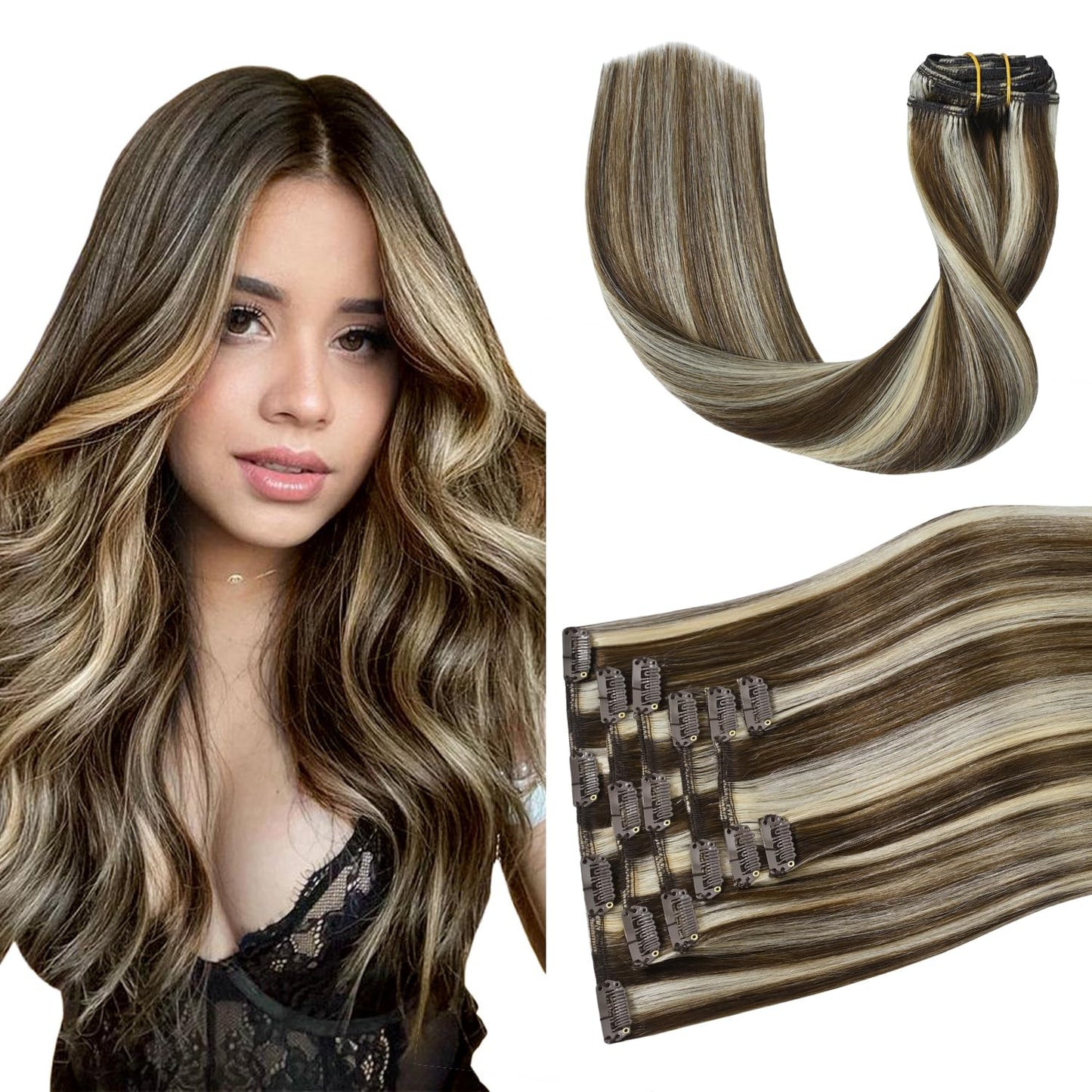 Aison Clip In Extensions Real Human Hair Balayage 75G Medium Brown to Blonde 100% Remy Human Hair Straight for Women 7pcs 16clips (15 Inch #4P613)