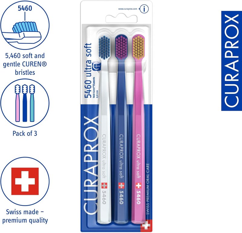 Curaprox CS 5460 Ultra-Soft Toothbrush - Gentle Care for Sensitive Teeth & Gums | 3-Pack | Random Colors