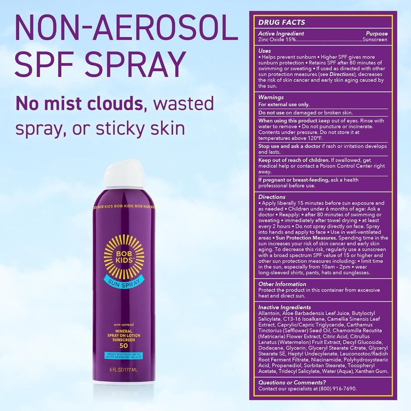 BOB KIDS SPF 50 Mineral Sunscreen Spray - Water Resistant, Reef Friendly | 6 oz Non-Aerosol