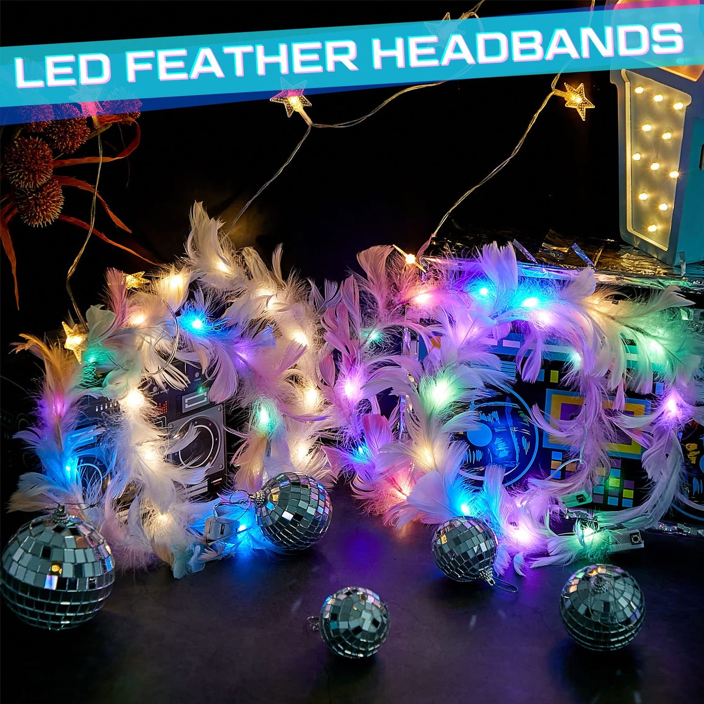 Taiyin 20 Pieces LED Feather Crown Headbands Light up Wreath Headband Flower Crowns for Women Glow in The Dark Headband for Wedding Reception Mardi Gras Cosplay Party Favors (Colorful)