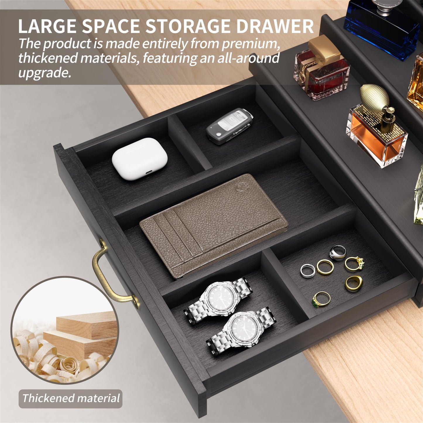 YIKIBOX Cologne Organizer for Men,Wooden Perfume Organizer with Hidden Compartment and Drawer,Cologne Stand and Storage Display Risers for Dresser,Great Gift for Men/Friend(Black)