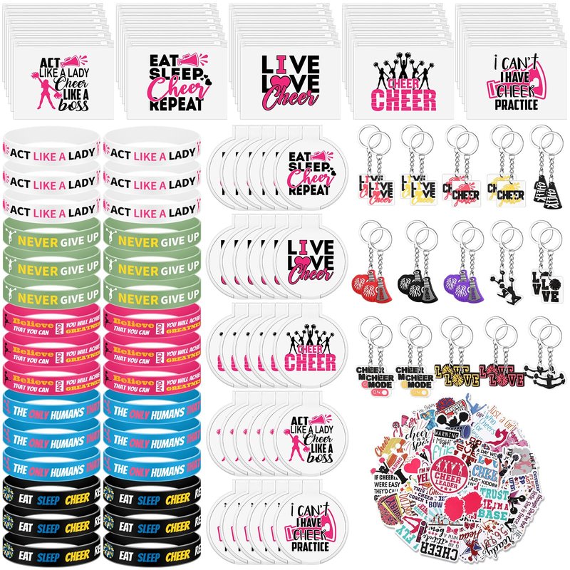Huquary 121 Pcs Cheerleader Gifts Kit 30 Zipper Portable Cheer Makeup Bag 30 Keychain Wristband Mirror 1 Bag Waterproof Cheer Stickers for Women Girls Cheerleader Teammates