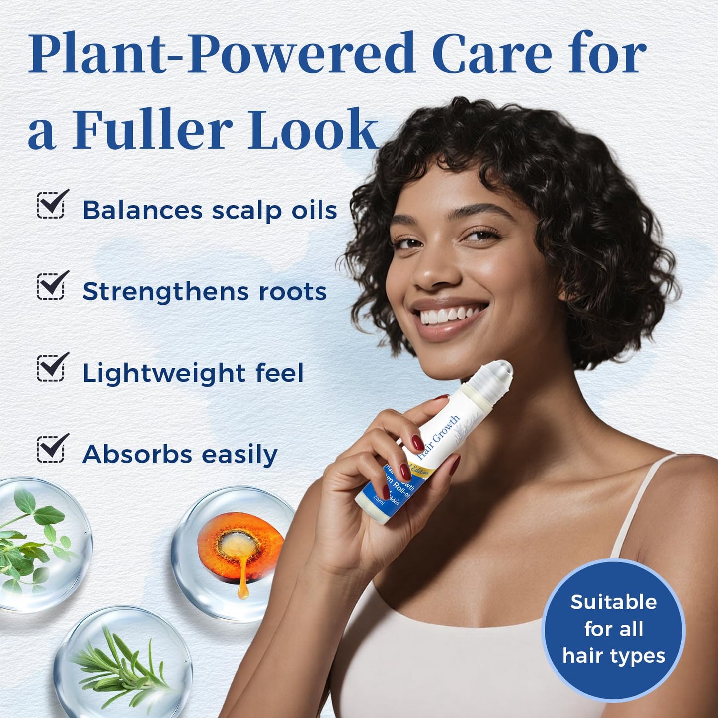 Gluvelessia Hair Growth Serum Roll On with Rosemary，Helps Support Thicker, Fuller Hair Appearance，Clean, Non-Greasy Hair Loss Support for Men & Women，Rosemary，0.84 Fl Oz (Pack of 1)