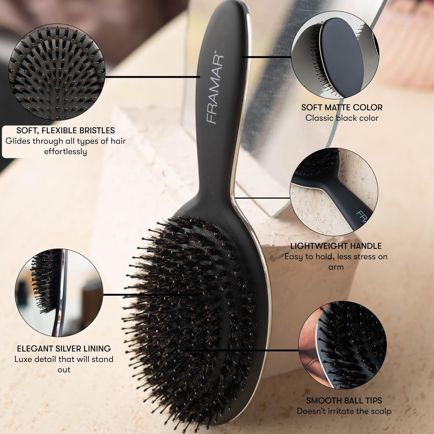 FRAMAR Soft Boar Bristle Hair Brush For Women – Boars Hair Brush For Women, Boar Brush For Fine Hair, Hairbrush For Fine Hair, Soft Bristle Brush For Slick Back, Volume and Shine - Black