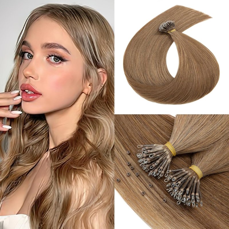 Nano Tip Human Hair Extensions - Straight Cold Fusion Light Brown #6 | 50 Strands, 50g, 18 Inch Remy Hair for Women