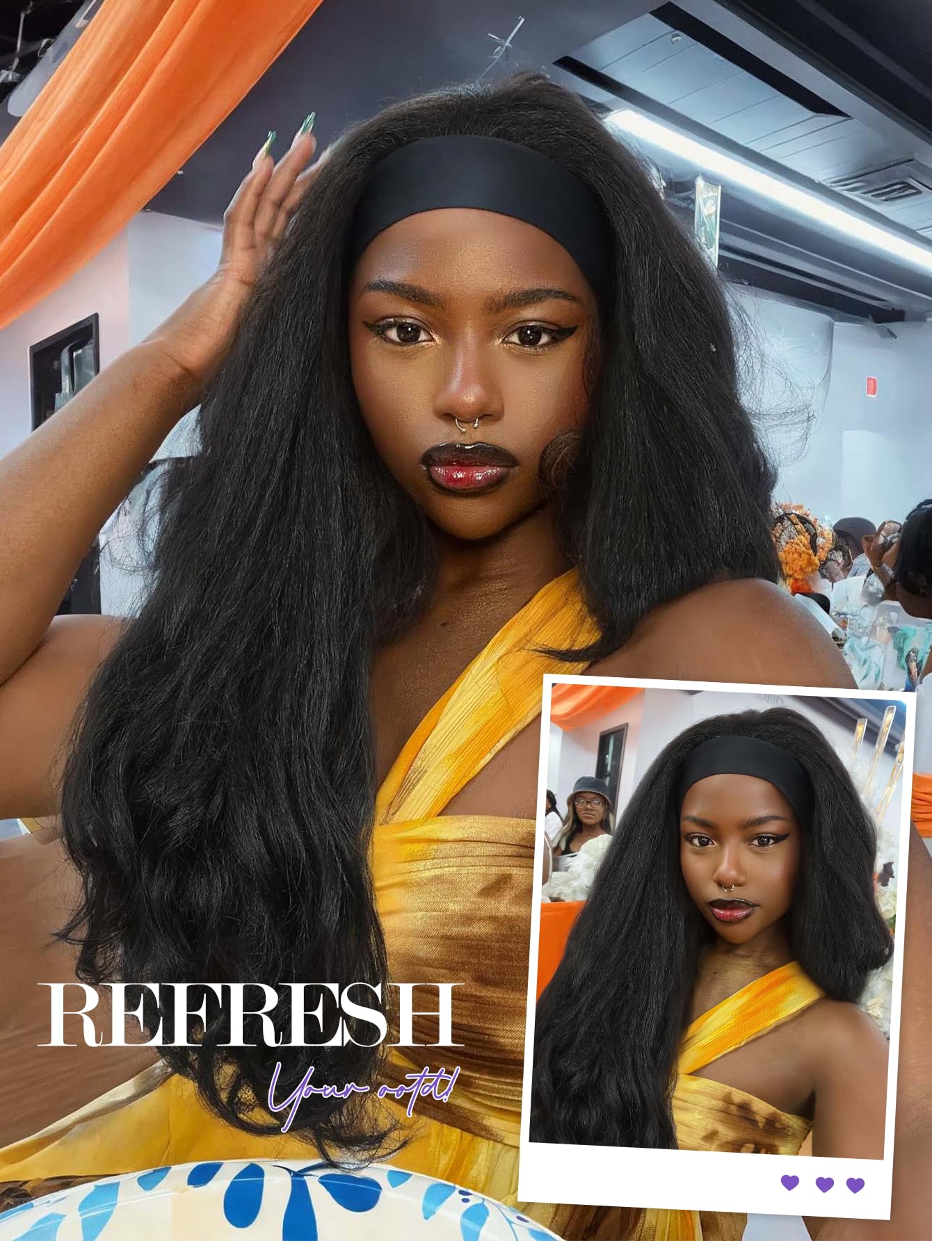 FANCEE Yaki Wavy Headband Wigs for Black Women 26 Inch Black Kinky Straight Wear and Go Wig with Curly Wavy Ends Synthetic Glueless Half Wig with Headbands Attached Blow Out Style Natural Hair Texture