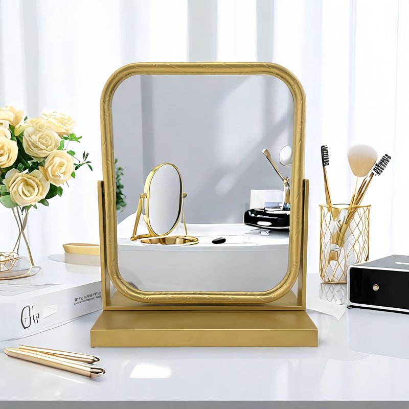 Deng YH Tabletop Vanity Mirror Adjustable Rotation Golden Metal Framed Gold Vanity Mirror, Room for Living Room,Bedroom,Tabletop,Bathroom.