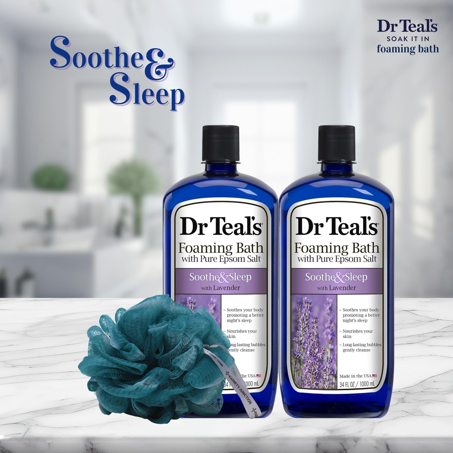 Dr. Teal's Lavender Foaming Bath 34 oz (Pack of 2) with Variety Junction Premium Bath and Shower Sponge, Soothing & Relaxing, Bubble Bath, Soaking Bath, Men's and Women's, Clear