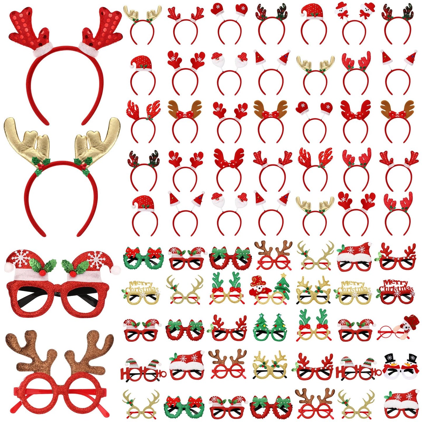 Giegxin 64 Pcs Christmas Glasses Frame and Headbands Set with 32 Cute Party Headband and 32 Funny Eyewear Xmas Hair Headwear for Christmas Xmas Holiday Party Favors