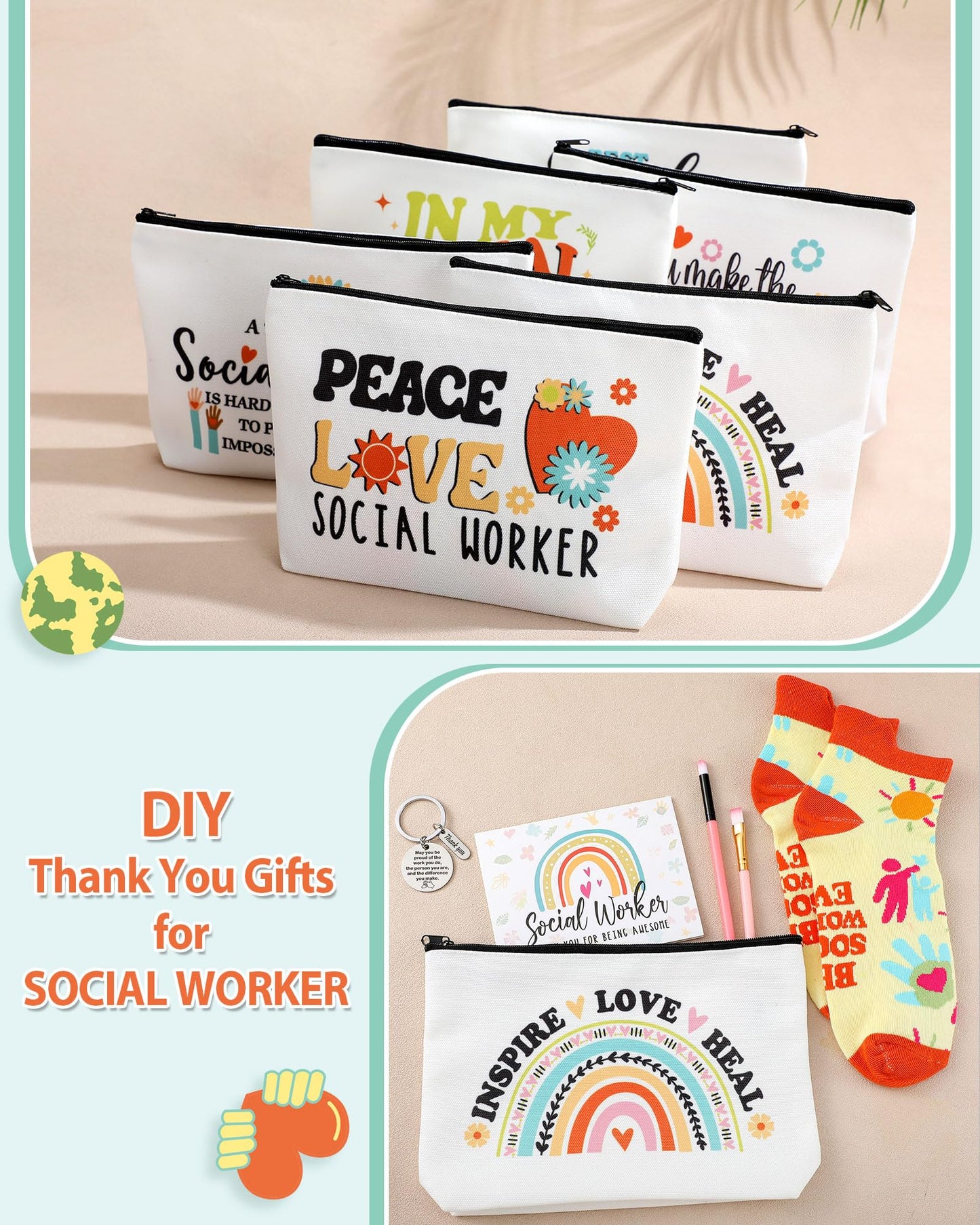 Dansydaisy 48 Pcs Novelty Social Worker Gifts Bulk Include Funny Cotton Ankle Socks Makeup Bag Keychain Greeting Card for Thank You Appreciation Birthday Graduation Gifts Supplies