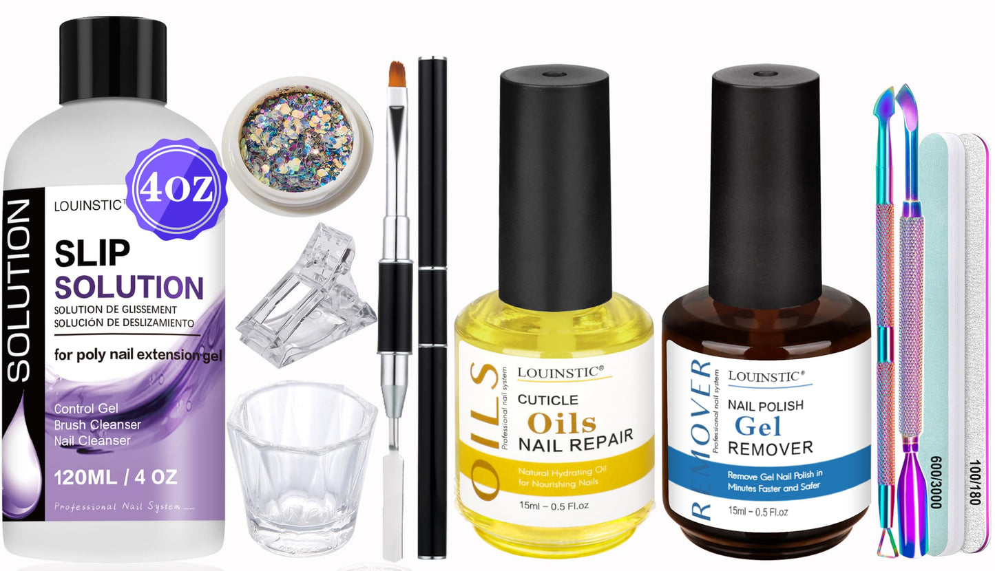 Gel Polish Remover & Cuticle Oil for Nails & Polygel Slip Solution & Colorful Nail Removal Tools