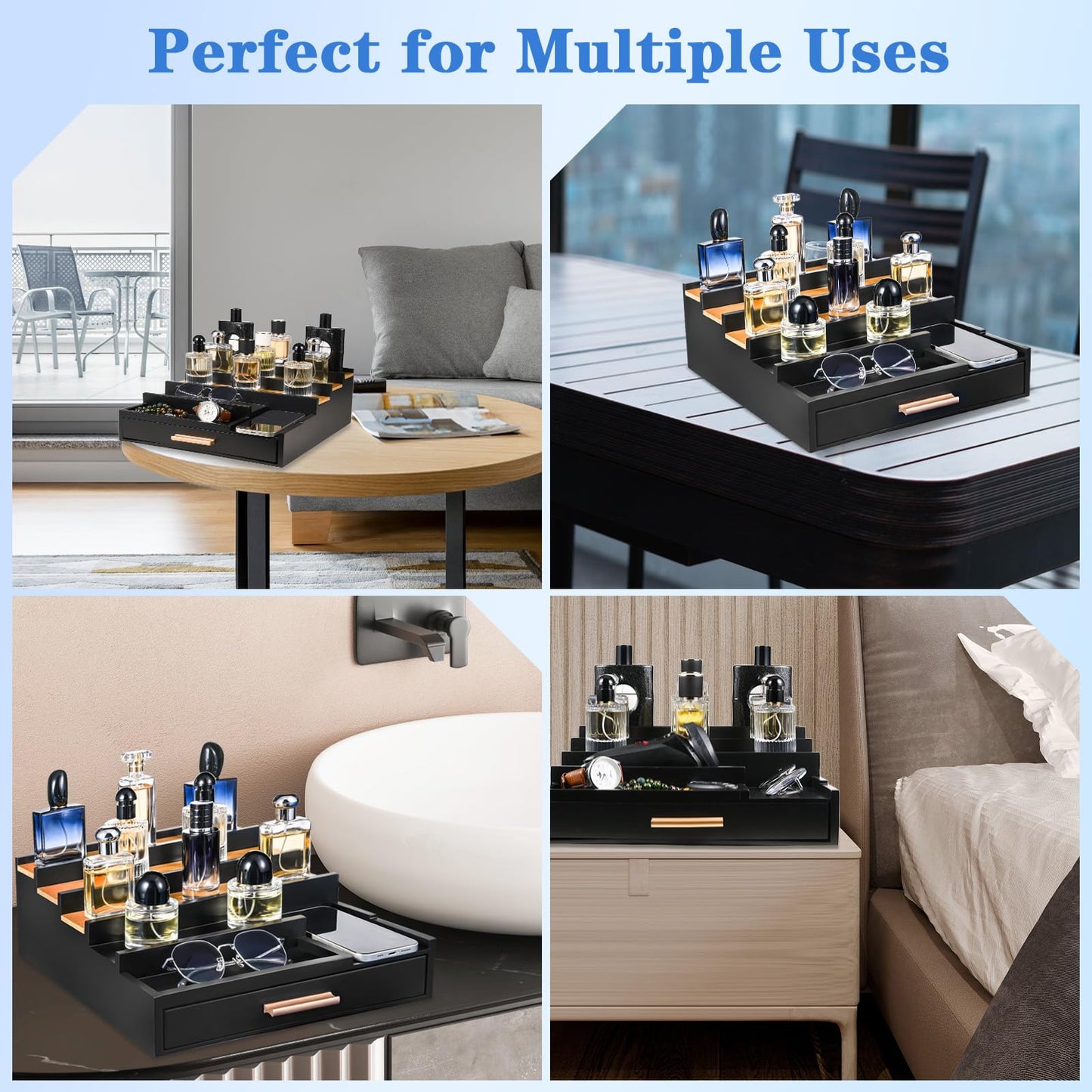 Zioffiel Cologne Organizer for Men, 5 Tier Wooden Perfume Organizer Display with Drawer and Hidden Compartment, Cologne Stand, Perfume Stand, Display Risers, Gift for Men (Brown)