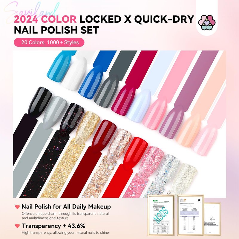 SAVILAND Nail Polish Set: 20 Colors Quick-Dry Fingernail Polish Gray Pink Blue Burgendy Gliiter Regular Nail Lacquer with Base Matte Glossy Top Coats for Home Salon Gift for Christmas