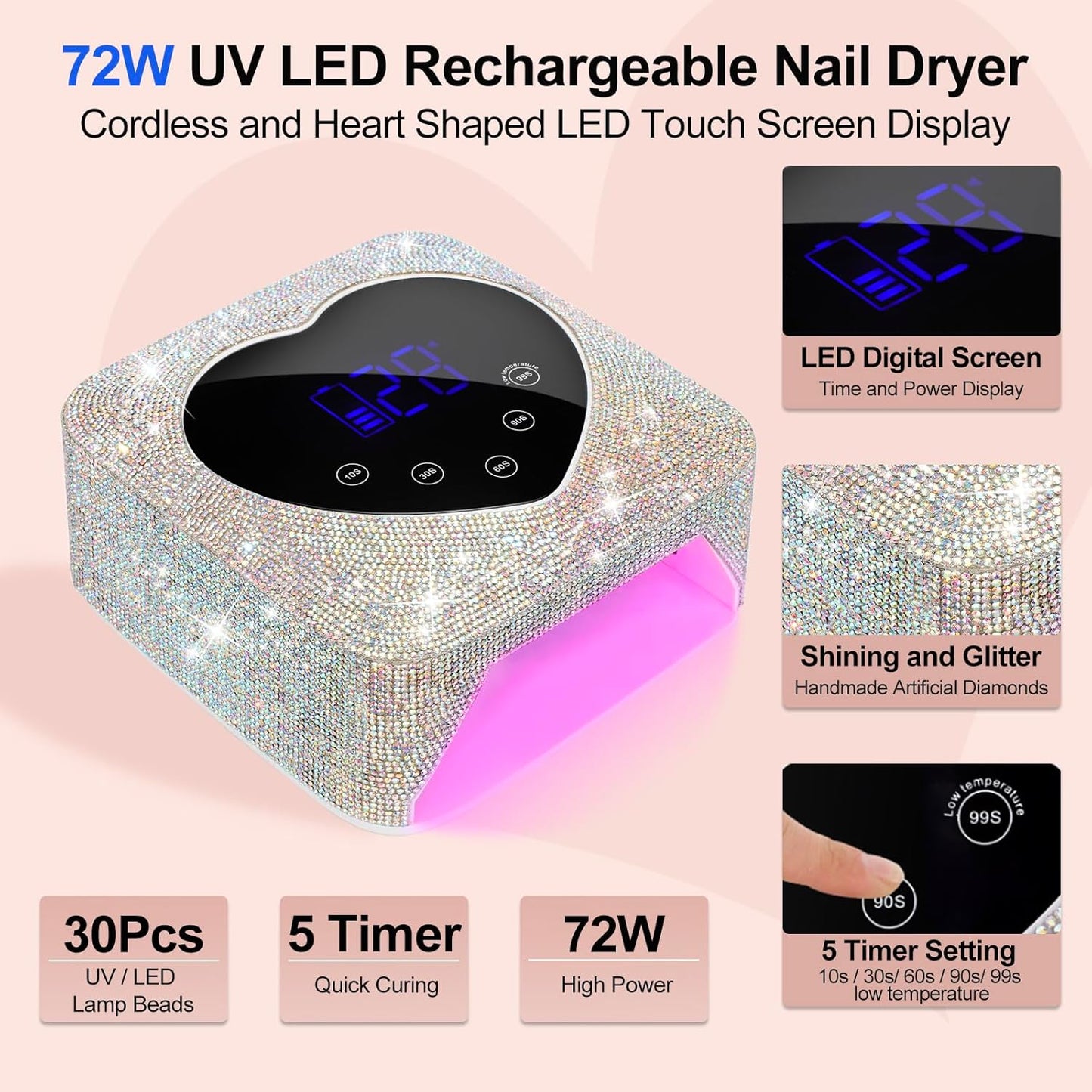 UV LED Nail Lamp - 72W Professional Gel Nail Curing Light with 4 Timer Settings & 30 Beads | Rechargeable Design