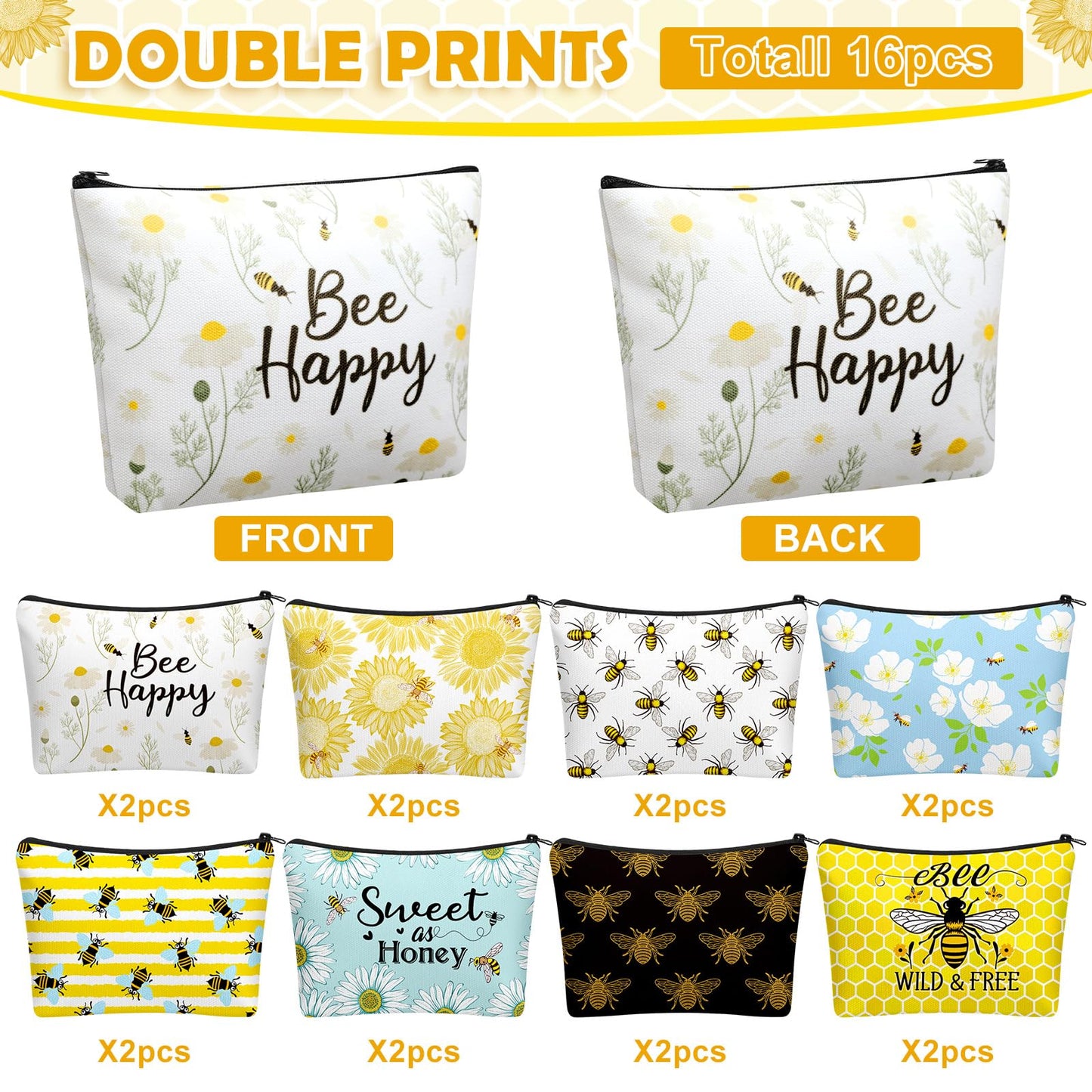 Bulyoou 16 Pcs Funny Bee Makeup Bags Travel Pouch Honey Inspirational Cosmetic Bags with Zipper Toiletry Bag Purse Bulk Bee Gifts for Women Birthday Gifts