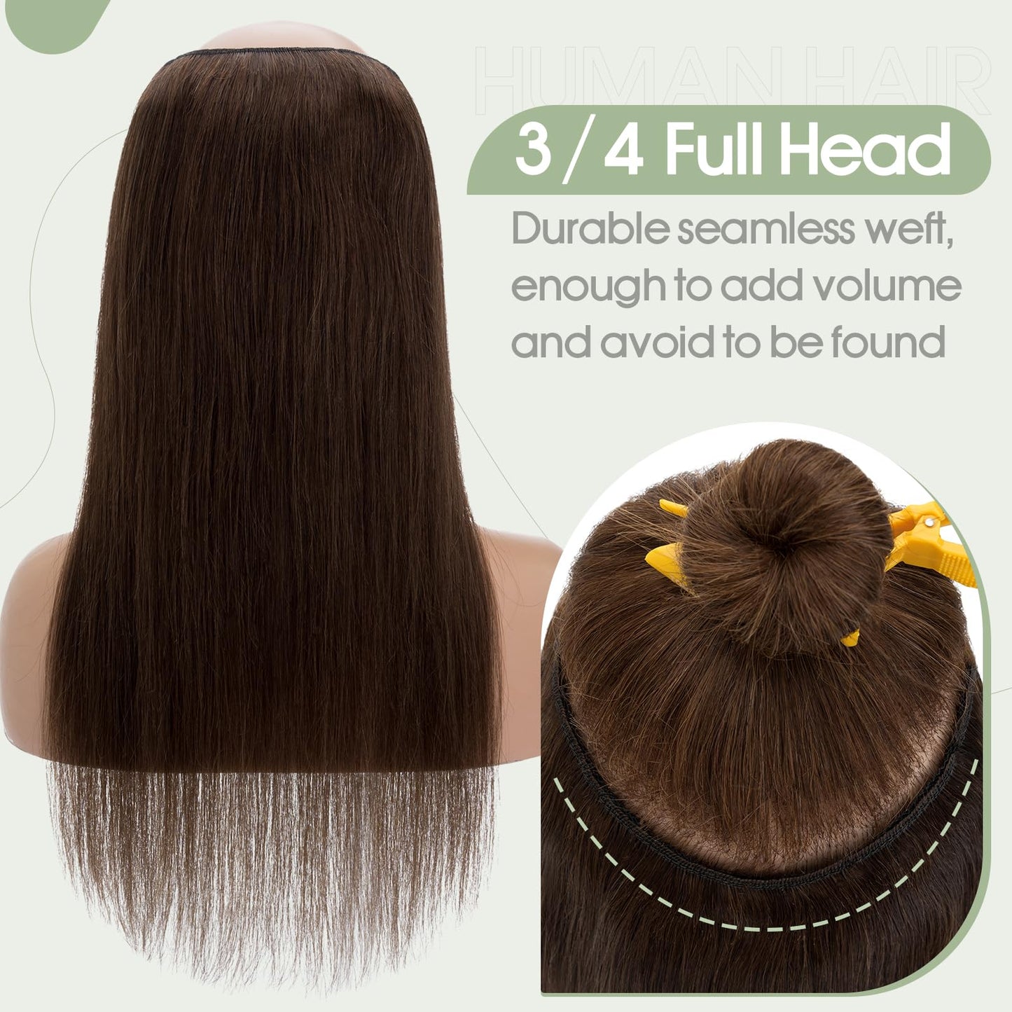 S-noilite One Piece Clip in Hair Extensions - Human Hair, 3/4 Full Head V Part Weft With 5 Clips, Thicker Lace Net (14"-50g, #04 Medium Brown)