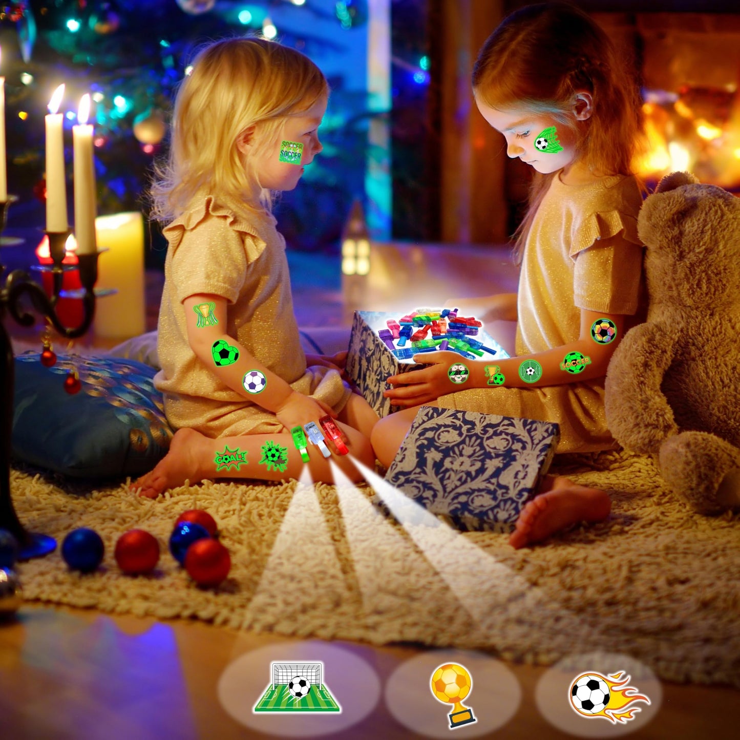 72 PCS Soccer Party Favors – 48 PCS Luminous Tattoos & 24 PCS LED Finger Lights Combo – Birthday Goodie Bag Fillers, Party Supplies, Gifts Light Up Toys Glow In The Dark for Boys and Girls (Soccer 1)