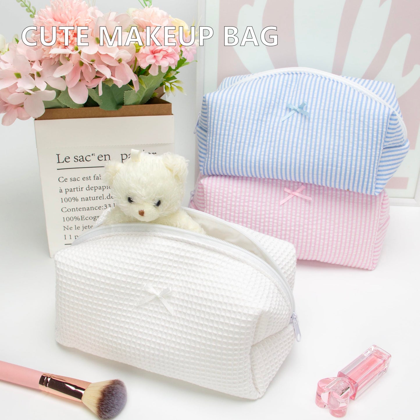 Cozy Makeup Bag for Women,Zipper Cosmetic Pouch,Waffle White,6 Pack