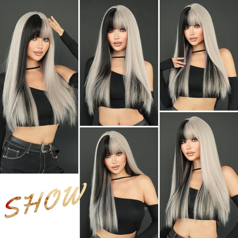 7JHH WIGS Long Straight Silver Grey Highlight Wig with Bangs 27in Natural Heat Resistant Fiber Synthetic Grey Black Ombre Layered Wigs for Women Girls Holiday Chrismas Daily Party Used