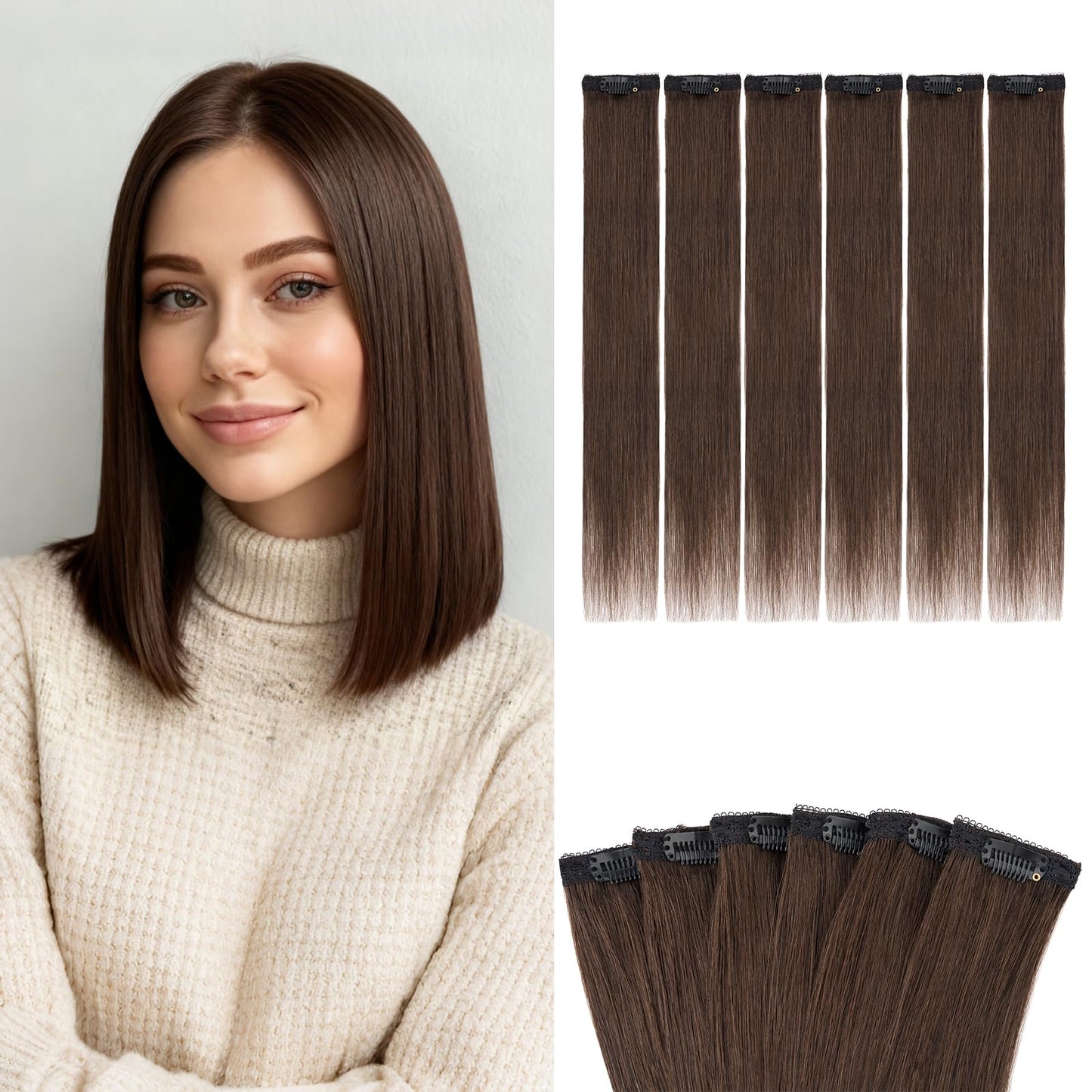 Benehair 6 PCS Clip in Short Hair Extensions 100% Real Human Hair Seamless & Invisible for Women Instant Volume Highlight Length for Daily Use 12" Dark Brown