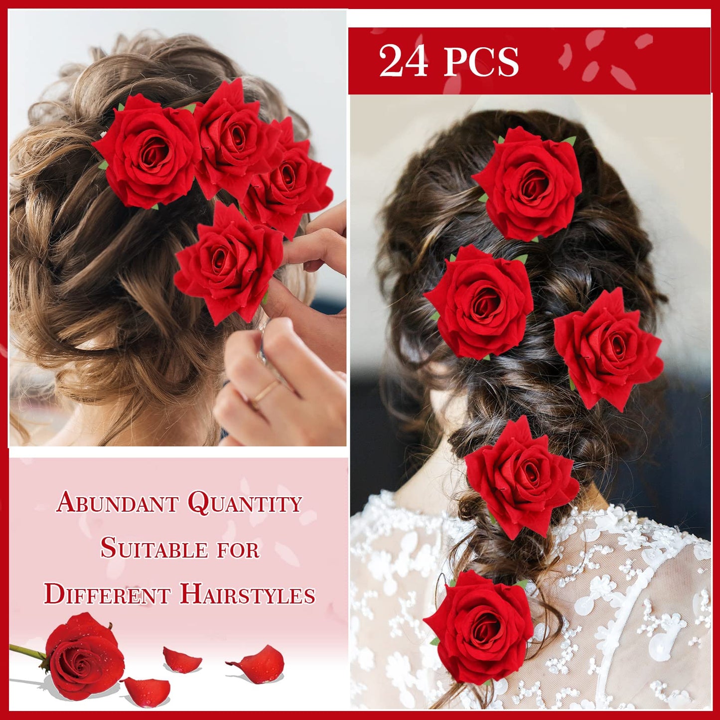 Batiyeer 24 Pcs Flower Hair Clips Rose Brooch Floral Hairpins 2.8" Flowers Hair Clips Headpieces Accessories for Flamenco Dancer Women Bridal Bridesmaid Wedding Party Violet Day Irish Festival(Red)