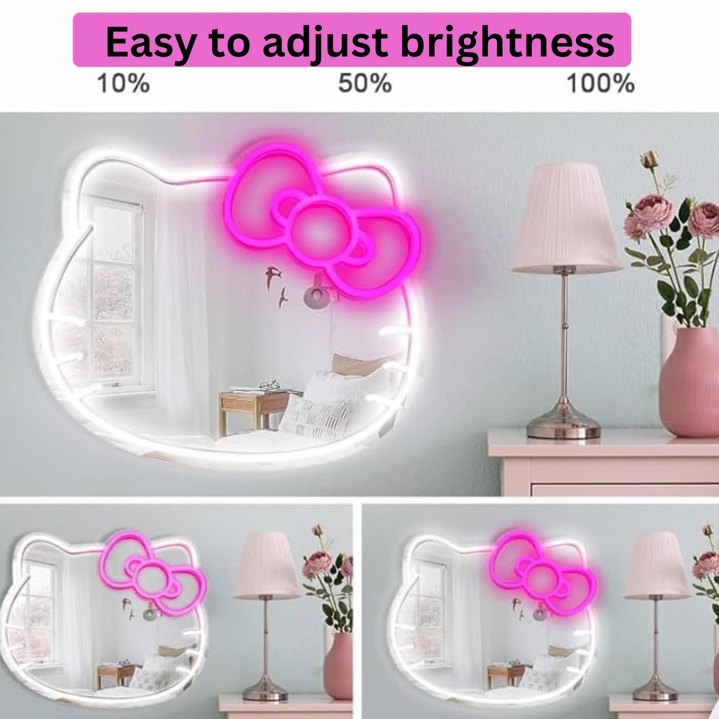 Health Organizer Anime Mirror 13.3 x 16.14 Inches Vanity Mirror with Lights Cat Design Bedroom Wall Mirror Girls Makeup Kitty Mirror with Lights Neon Sign Gift Mirror