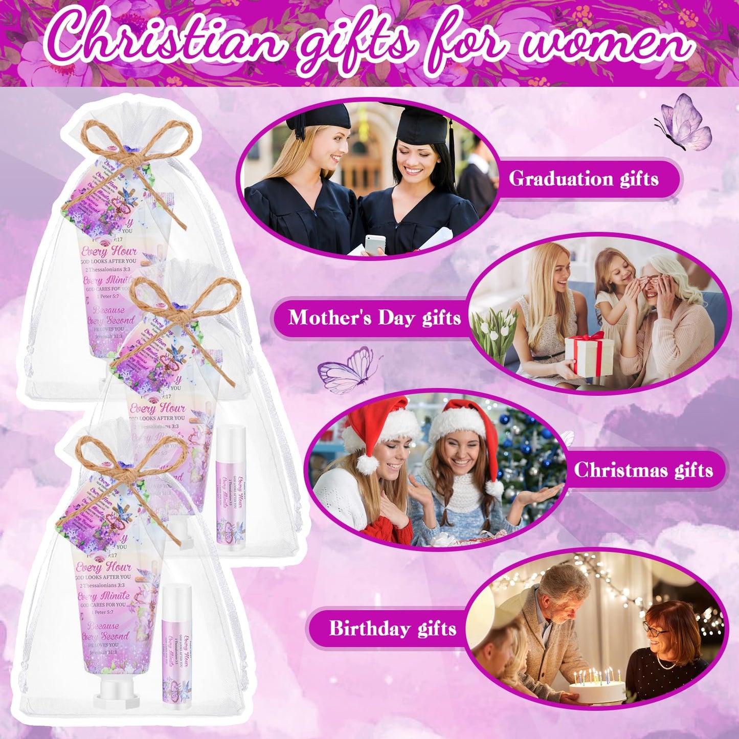 Swiffen 24 Sets Christian Graduation Gifts Hand Cream and Lip Balm Bulk Teacher Appreciation Gifts Bible Verse Thank You Cards with Organza Bag for Graduation Supplies(Cross)