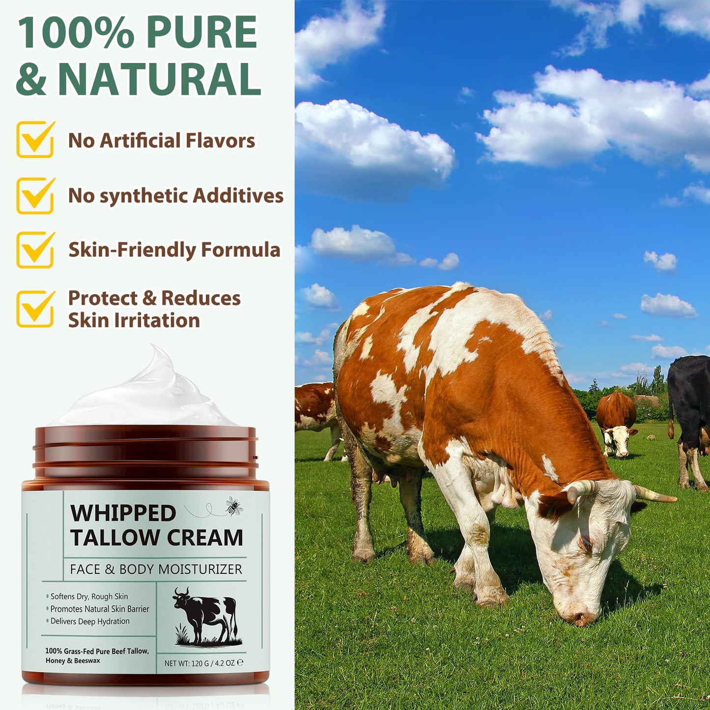 laraspi Beef Tallow for Skin, Beef Tallow Moisturizer, 8.4 oz Organic Whipped Grass Fed Beef Tallow with Honey Cream for Face & Body, Unscented
