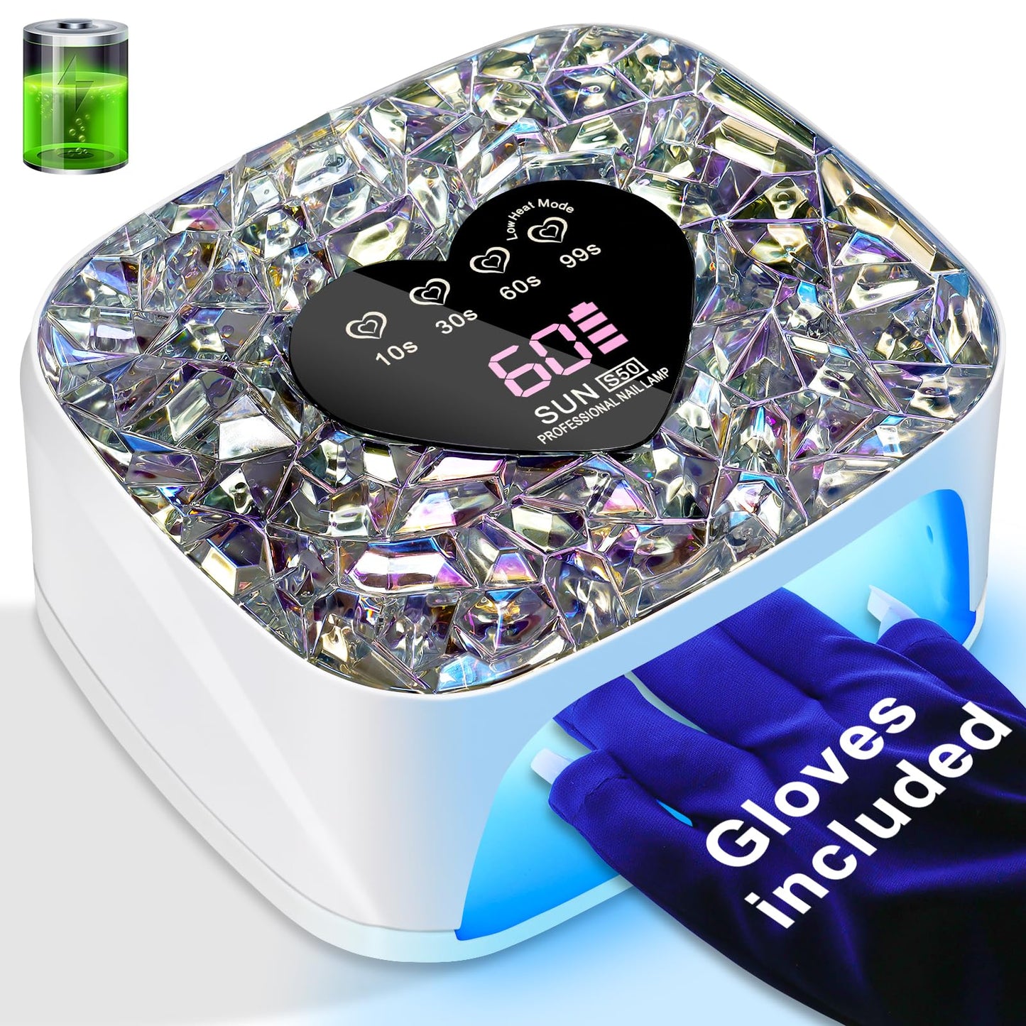 LIMEGIRL UV LED Nail Lamp Kit for Gel Polish Professional Fast White Diamond Design Curing Dryer Light Set with 4 Timers and Gloves Cordless Rechargeable Nail Art Cure Machine at Home and Salon