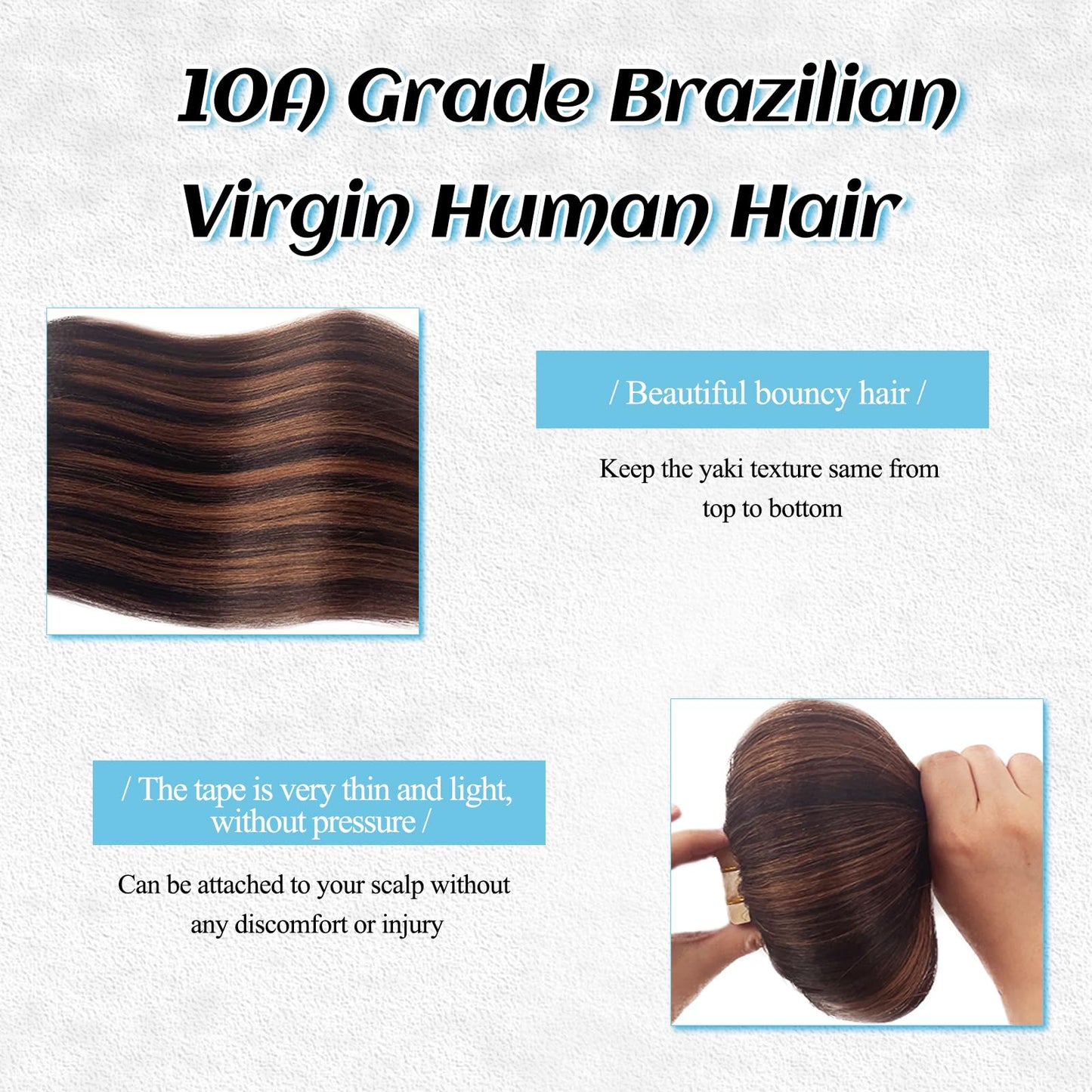 Yaki Straight Human Hair Tape in Extensions, 18 Inch Light Yaki Invisible Tape in Real Human Hair Extensions Natural Black with Chocolate Brown Highlight Seamless Brazilian Remy Extension 50G 20PCS